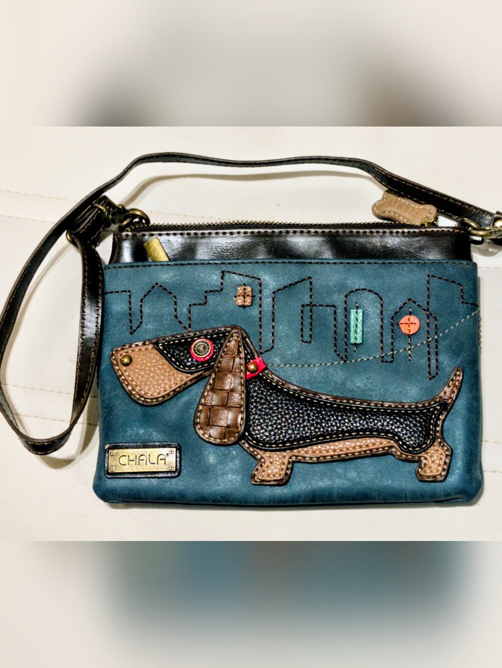 Chala Teal Dachshund Applique Crossbody Purse with Black Trim